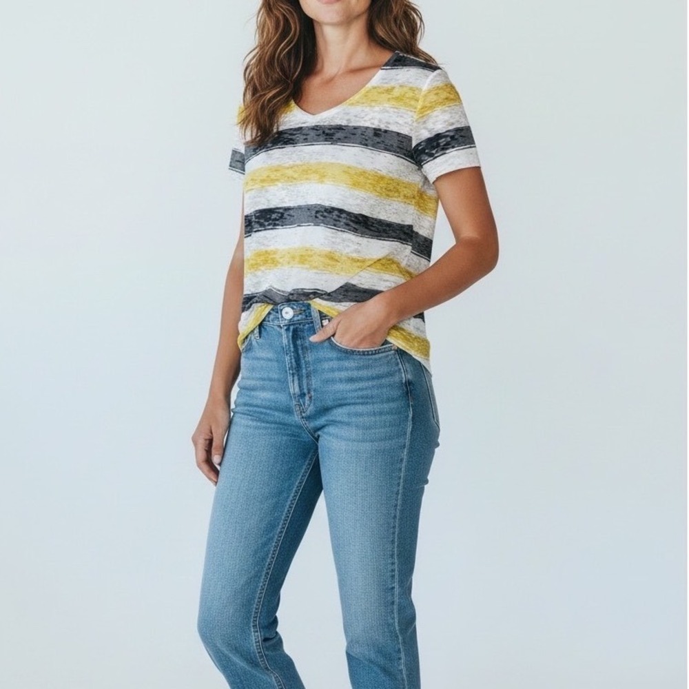 Legacy‎ Burnout Striped V-Neck Tee Yellow Blue Coastal Boho Indie Large
